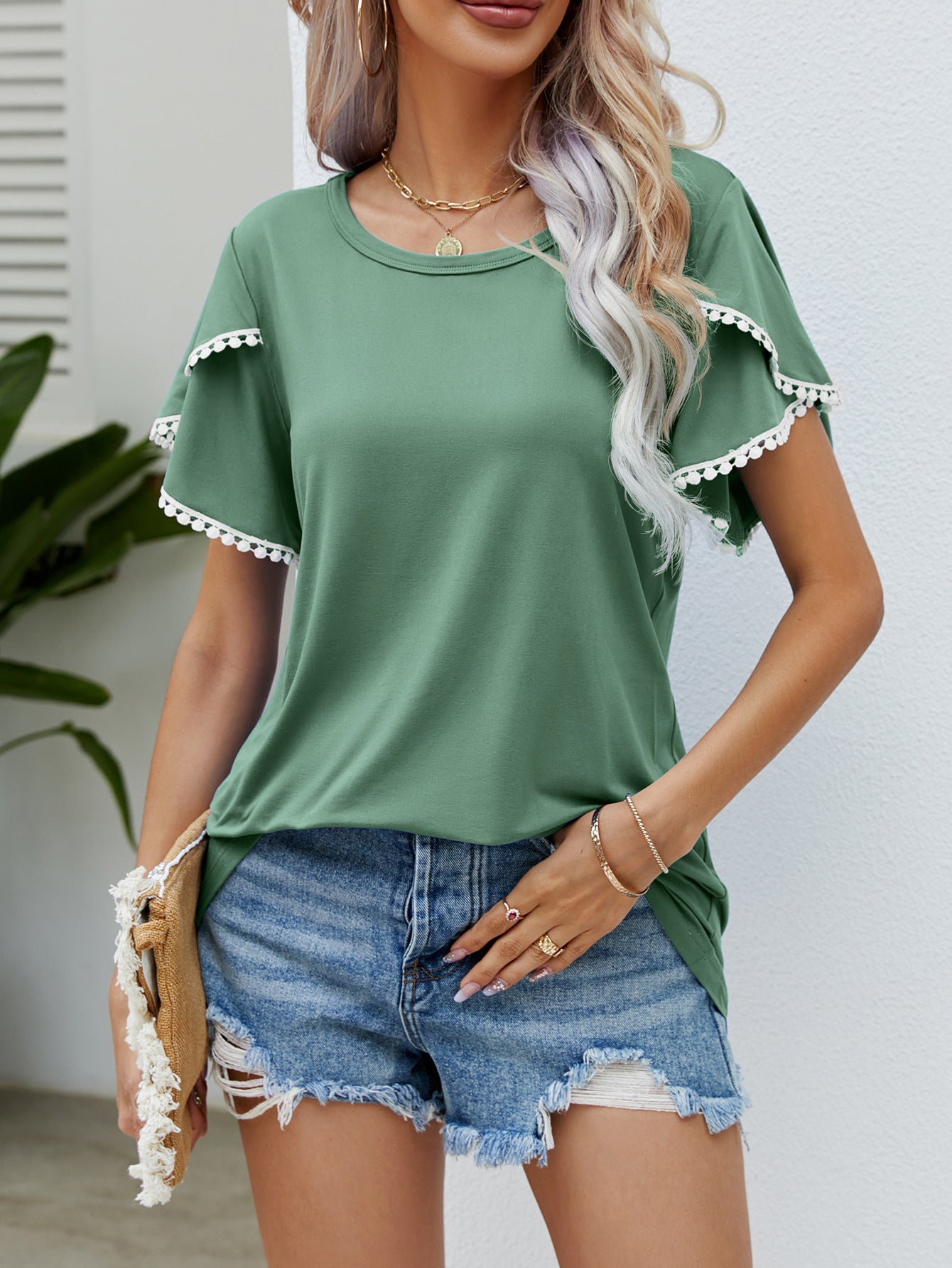 Round Neck Tassel Tulip Sleeve T-shirt Casual Top For Women