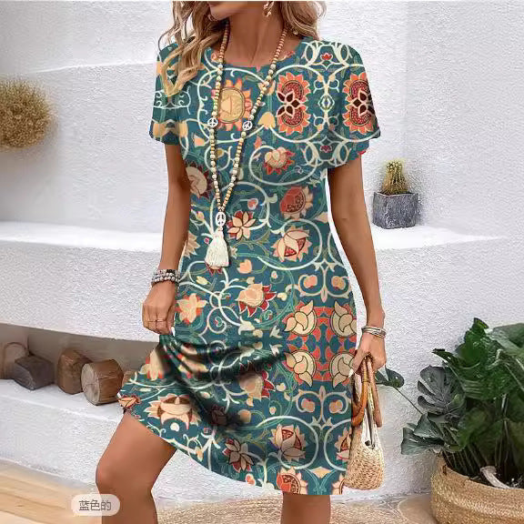 Round Neck Plant Flower Print Loose Casual Dress