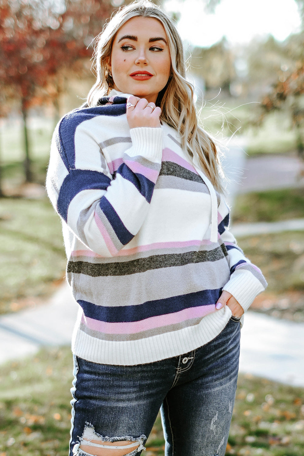 Stripe Plus Size Striped Hooded Knit Sweater