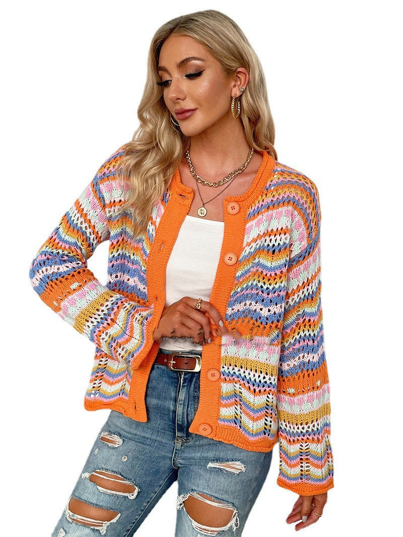 New Women's Striped Loose Sweater Rainbow Knit Sweater