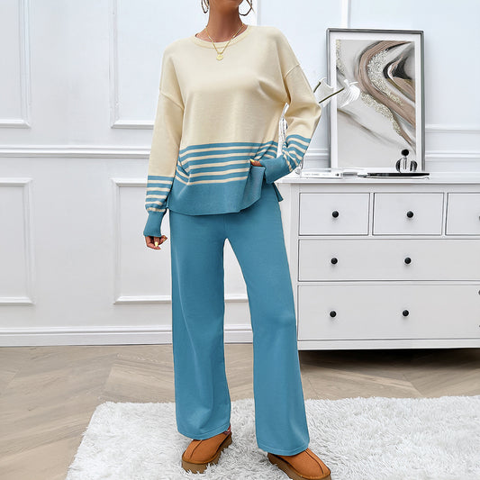 Contrast Color Straight-leg Trousers Sweater Suit