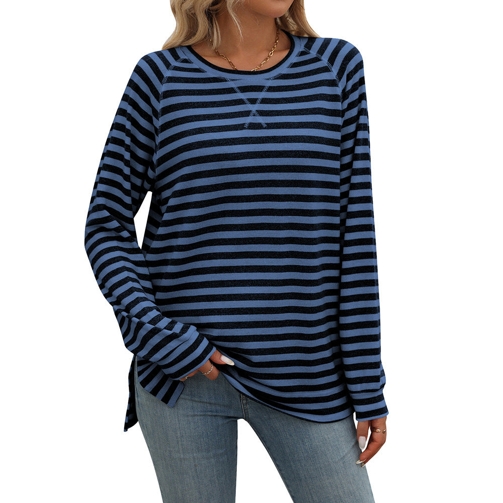 Striped Contrast Color Round Neck Long Sleeve Loose-fitting T-shirt Top