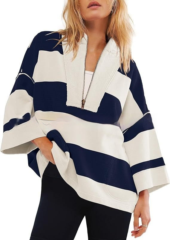 Women's Oversized Striped Shirt Half Zip Sweatshirt Color Matching