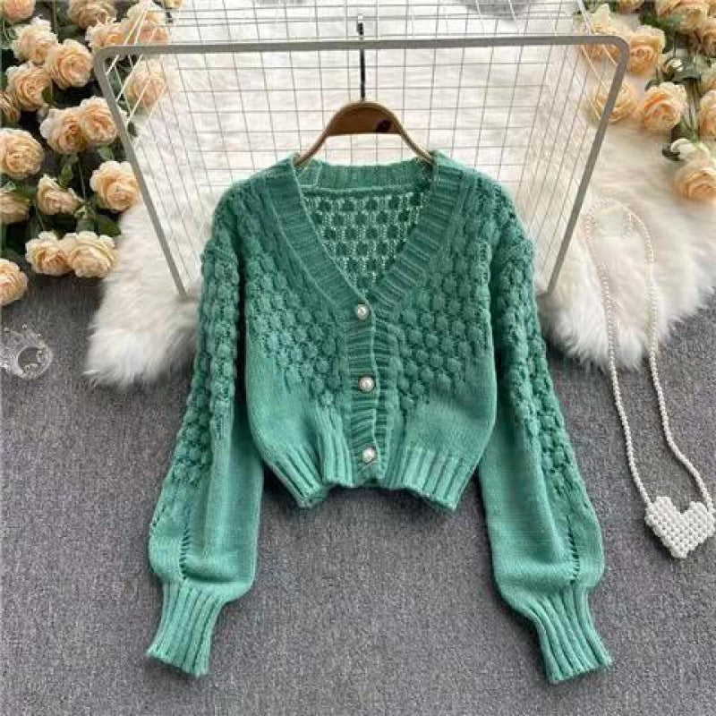 Knitted Cardigan Sweater Coat Women's V-neck Design Sense