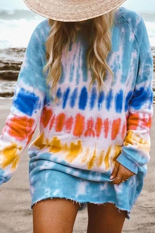 Tie-dye printed loose long-sleeved T-shirt dress