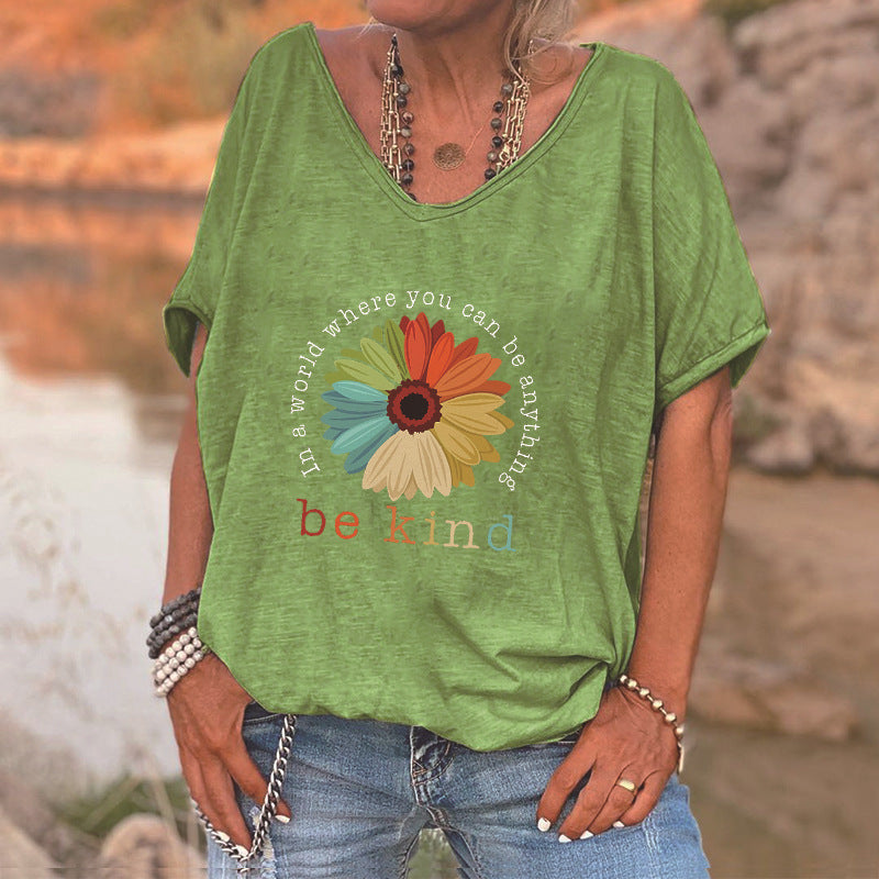 English Flower Female T-shirt Printing Loose