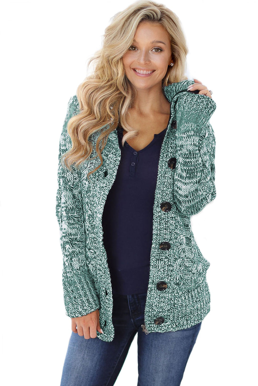 Green Long Sleeve Button-up Hooded Cardigans