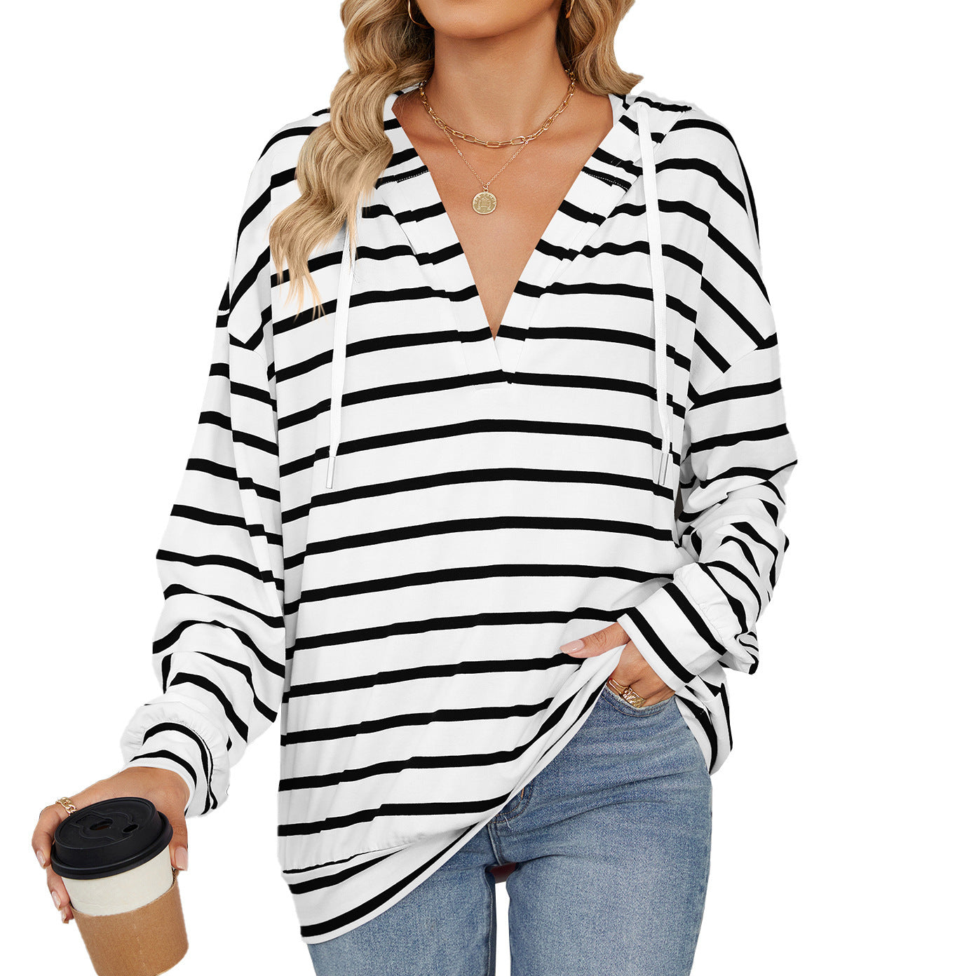 Hoodie With Drawstrings Striped Long Sleeve Top