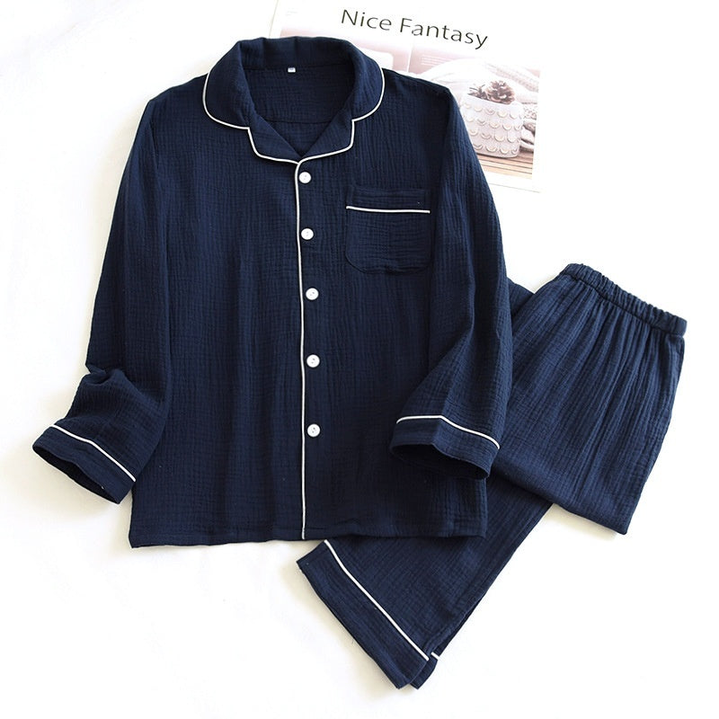 Men's Pajamas Suit Loose Spring And Autumn Double-layer Gauze Plus Size Cotton Crepe Long Sleeve