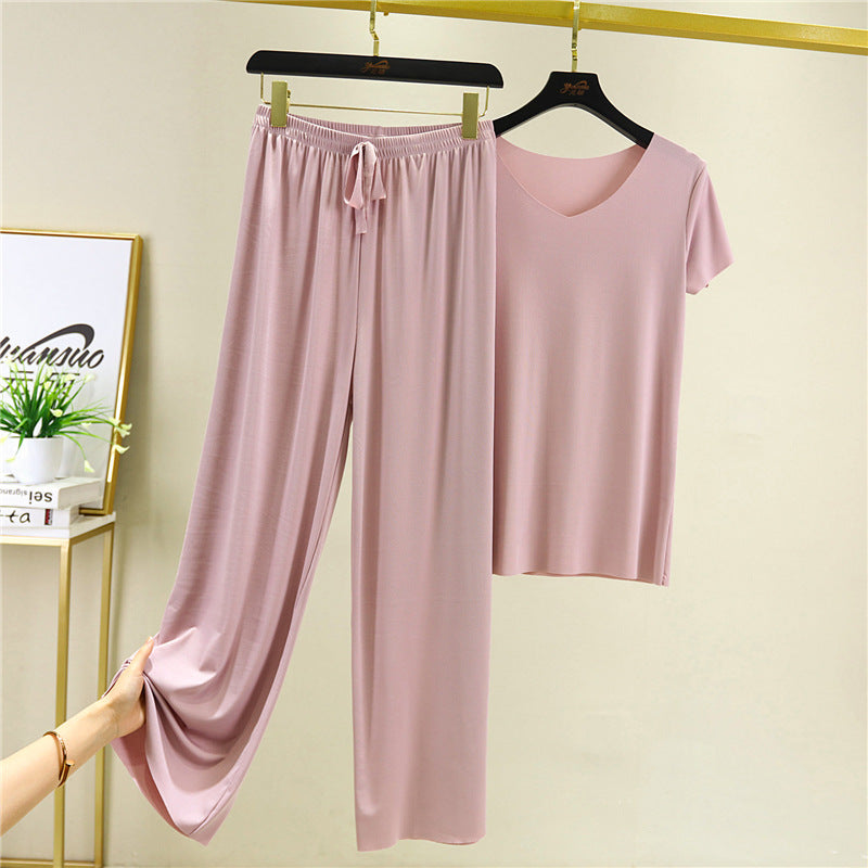 Women's Summer Ice Silk Pajamas Short Sleeve Suit