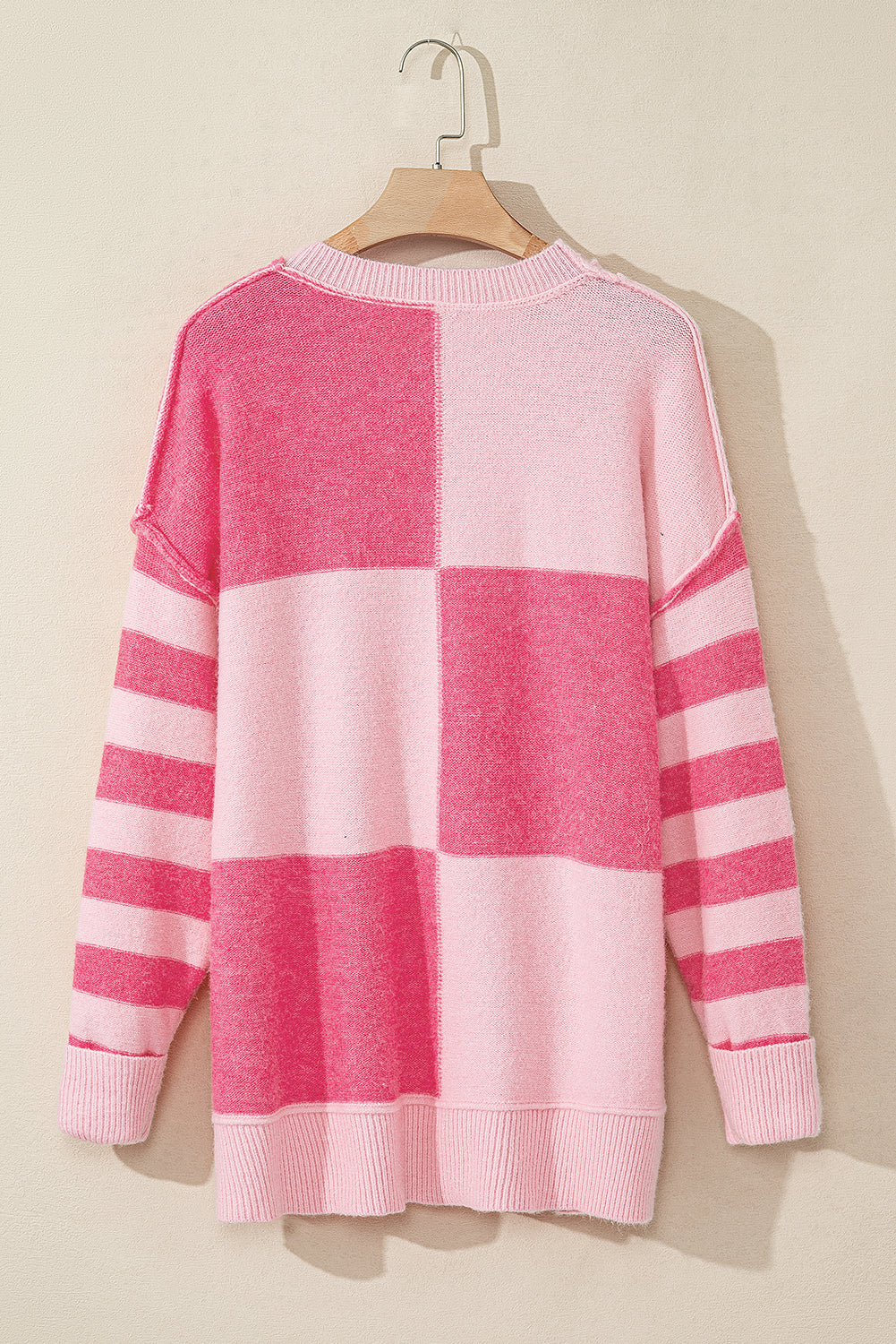 Pink Checkered Colorblock Striped High Low Loose Sweater