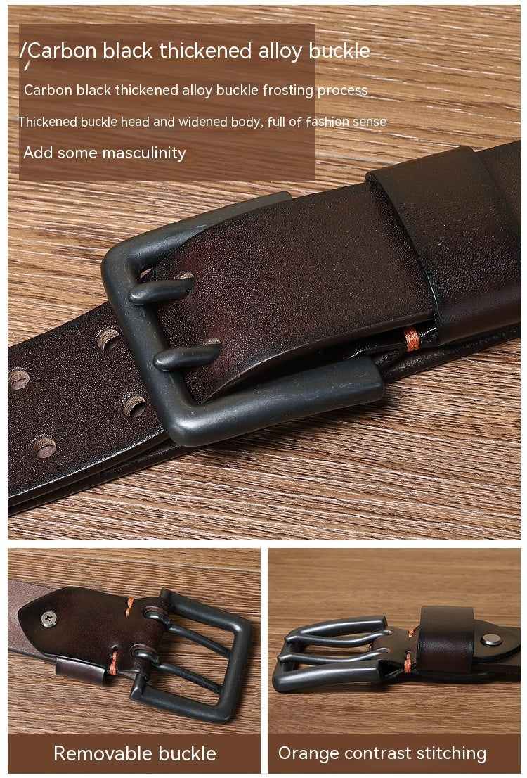 Double Pin Buckle Belt Men's Genuine Cattlehide Leather Surface All-match Casual Special Forces Belt