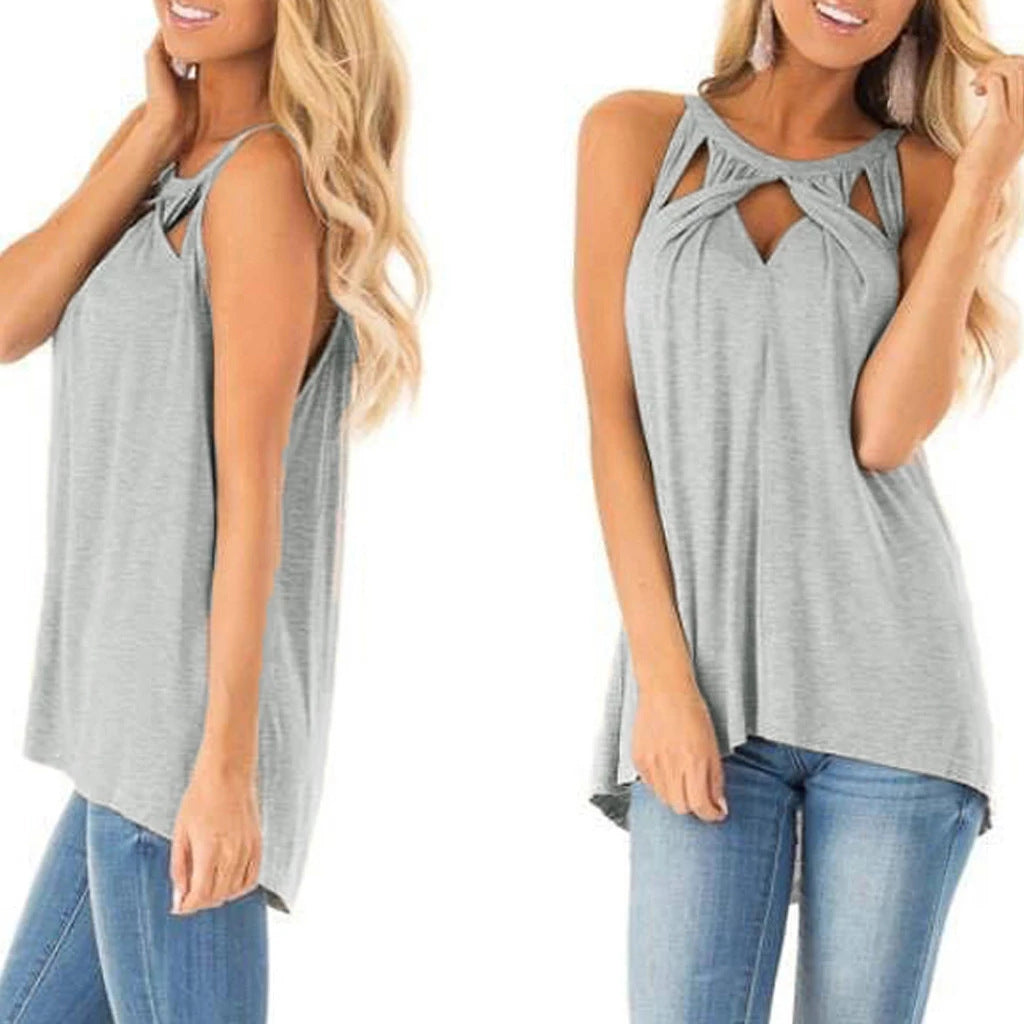 Women's Fashion Casual Solid Color Hollow-out Halter T-shirt