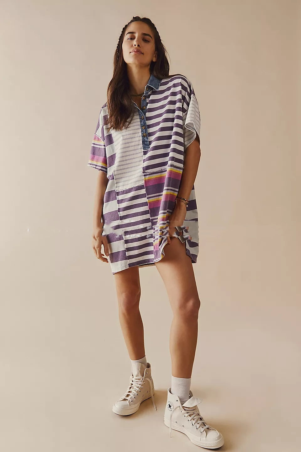 Women's Mid-sleeve Lapel Contrast Color Striped Loose Casual Dress