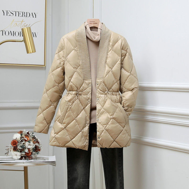 Rhombus Cotton-padded Jacket Women's Mid-length Large V-neck Jacket