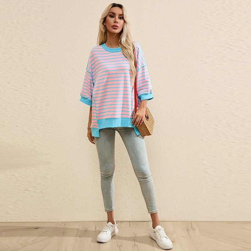 Women's Striped Color Matching Short-sleeved T-shirt