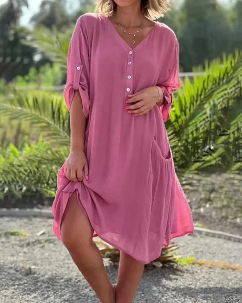 Solid Color Plus Size V-neck Middle Sleeve Pocket Dress