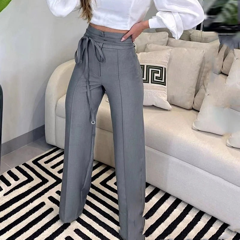 Gray High Waist Lace-up Leisure Commute Suit Pants