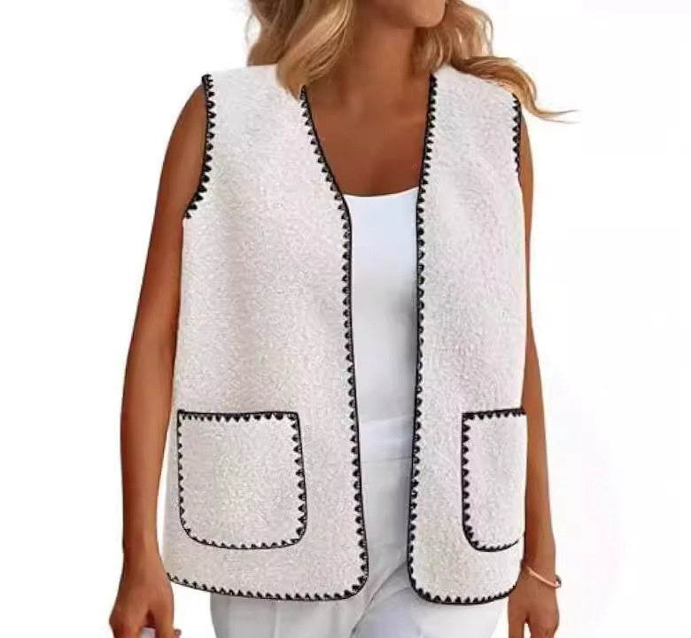 Fashion Color Contrast Sleeveless Lamb Wool Base Vest Coat