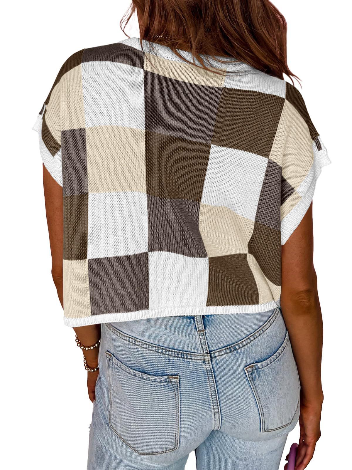 Midriff-baring Short Sleeve Color Block Round Neck Knitted Checkerboard Plaid Sweater