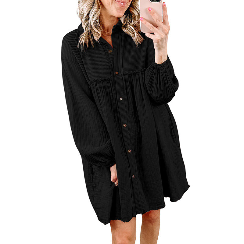 Thin Patchwork Pleated Long Sleeve Shirt Dress