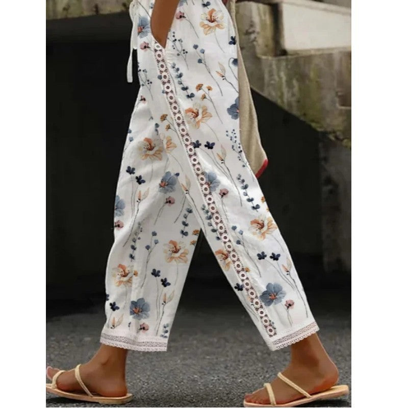 Printed Lace Stitching Straight-leg Pants Sweet Casual Pants