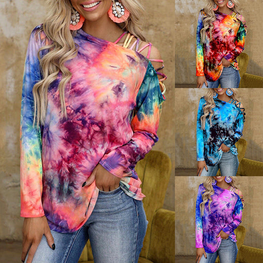 Tie-Dye Printed Long-Sleeved Off-Shoulder Sexy Casual Loose T-Shirt