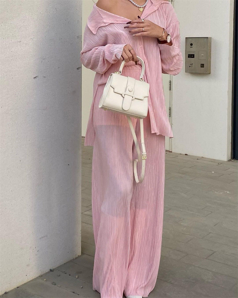 Pleated Design Shirt Outfit Straight-leg Trousers Loose Drooping Two-piece Set