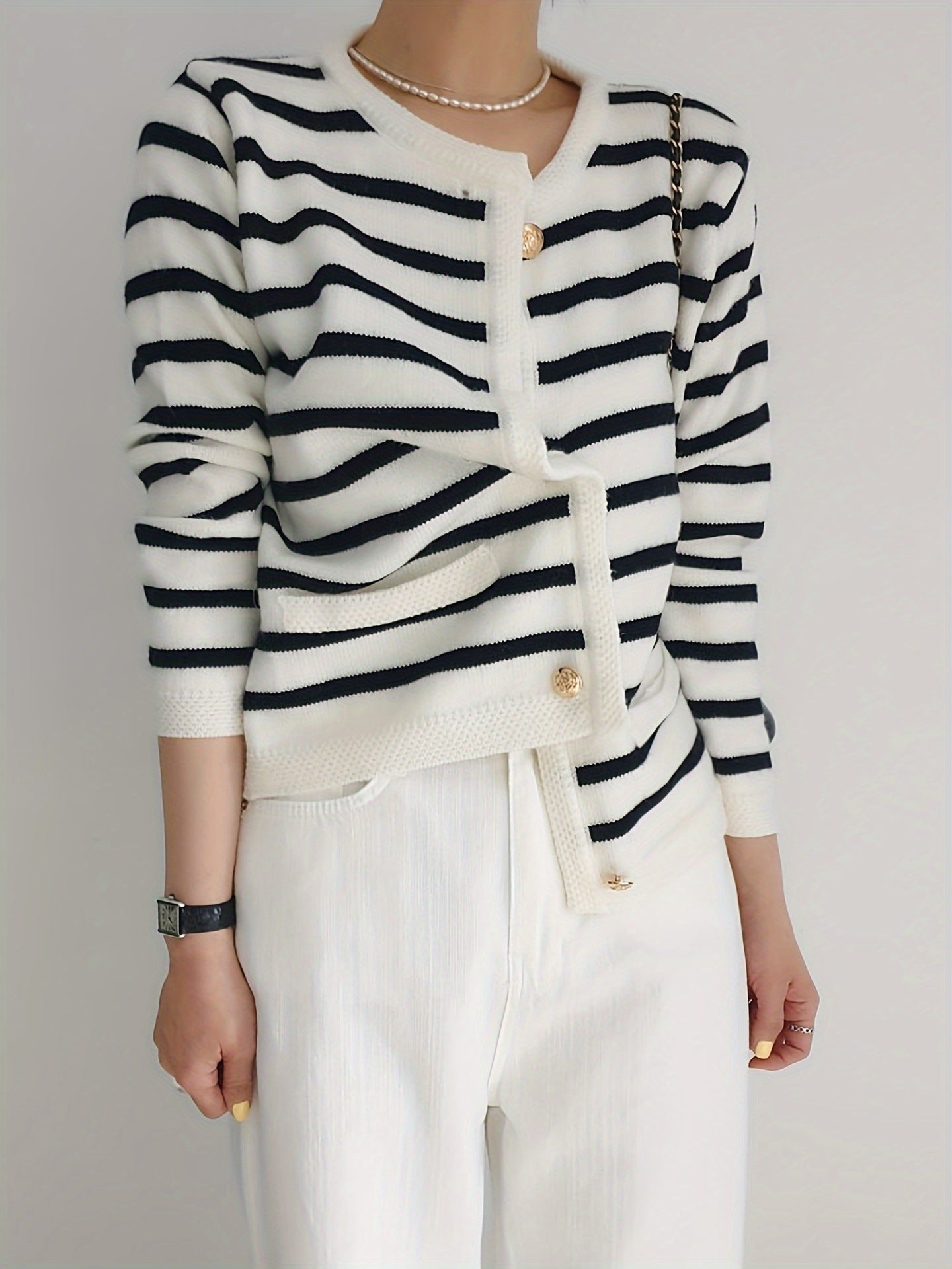 Black And White Striped Knitted Cardigan Jacket