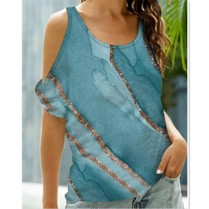 Fashion Tie-dye Print Short Sleeve Pullover Curb Shoulder