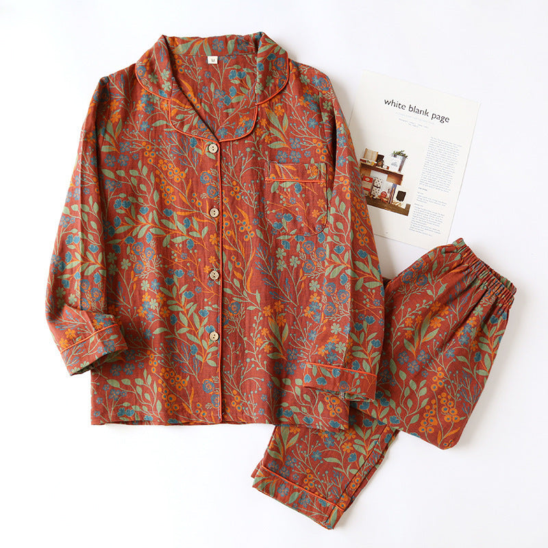 Cotton Yarn-dyed Jacquard Vintage Leaf Pajamas Set Women