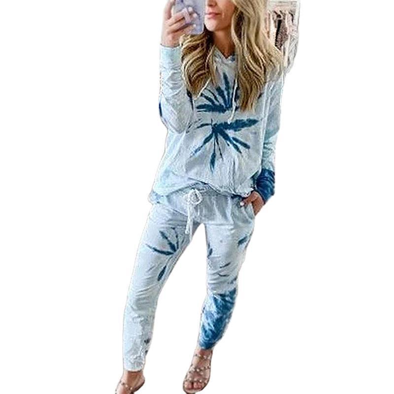 Tie-Dye Printed Long-Sleeved Hooded Casual Homewear Suit