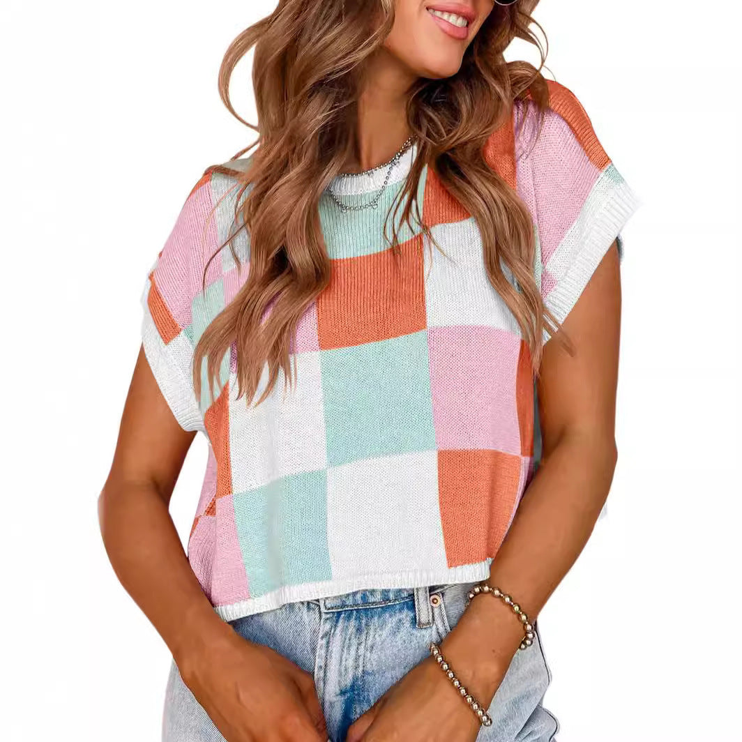 Midriff-baring Short Sleeve Color Block Round Neck Knitted Checkerboard Plaid Sweater