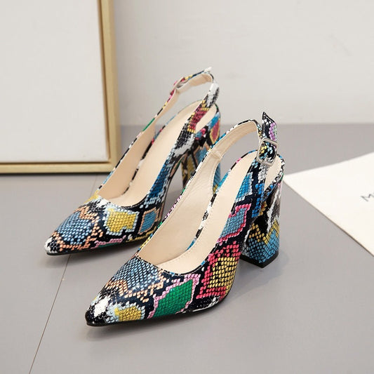 Color Snake Print Thick Heel Pointed High Heeled Shoes Women