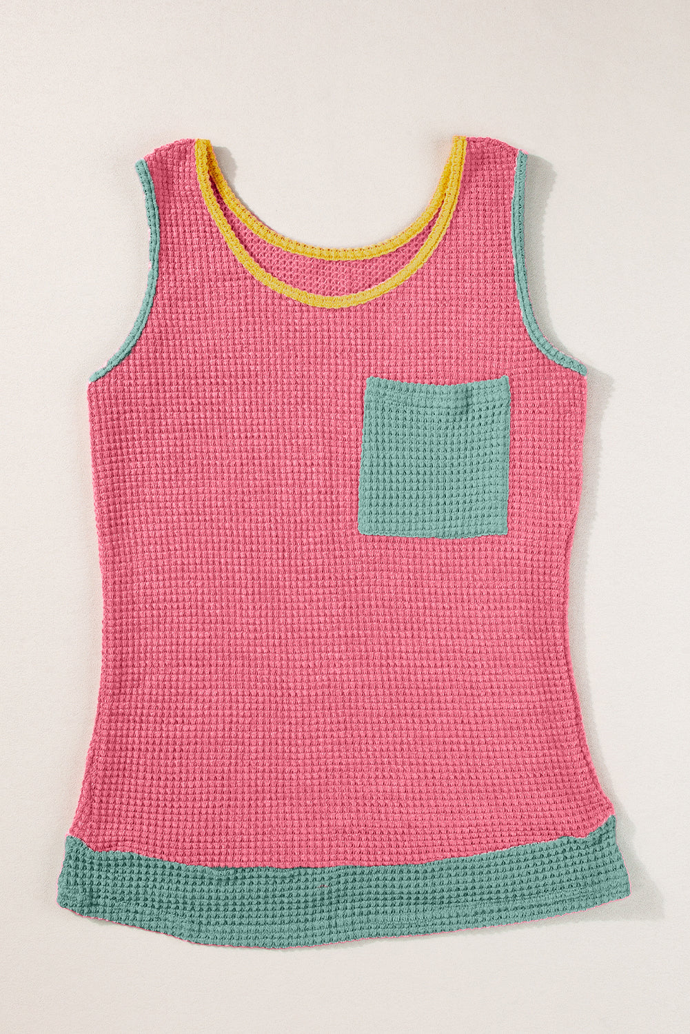 Strawberry Pink Color Block Patched Pocket Breathable Knit Tank Top