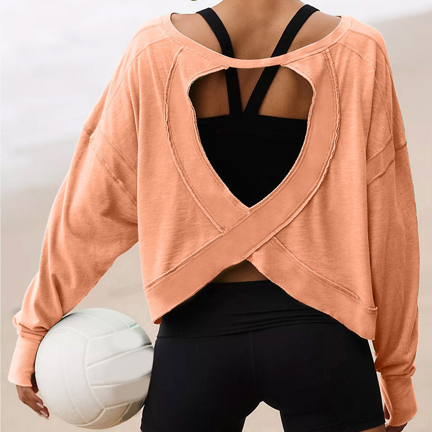 Hollow Backless Long Sleeves Loose T-shirt