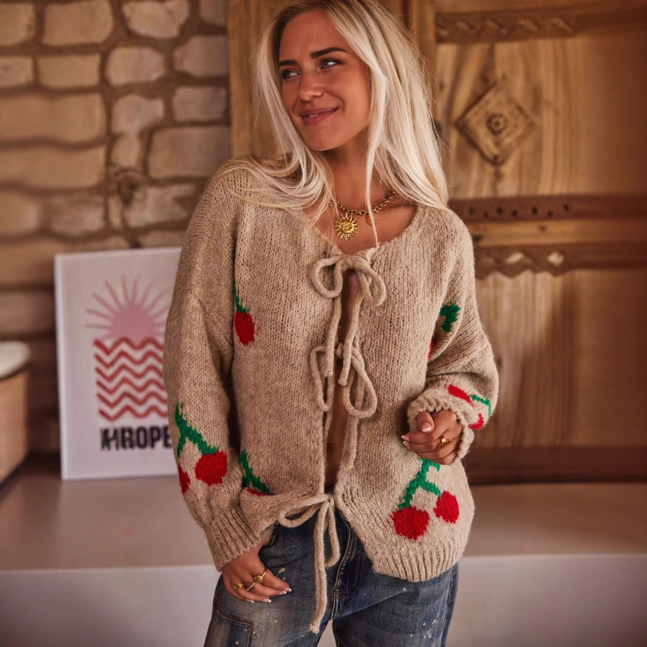 Cherry Embroidered Jacquard Cardigan Sweater For Women