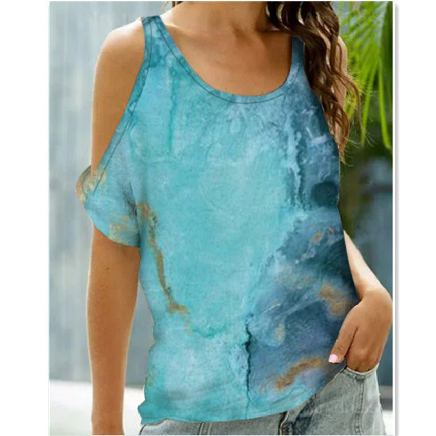 Fashion Tie-dye Print Short Sleeve Pullover Curb Shoulder