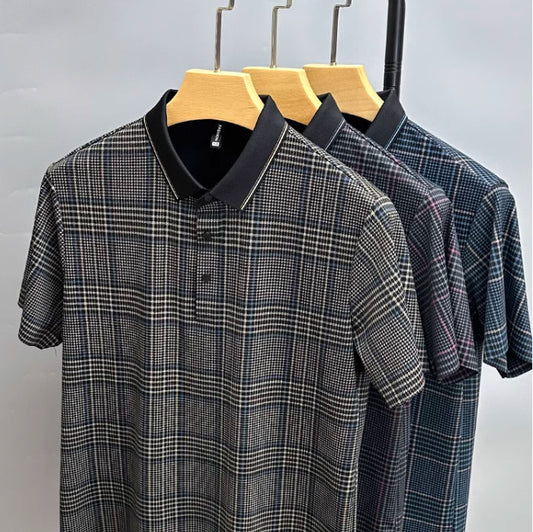 Summer Thin Section Traceless Shirt Collar Plaid Printed Clothing For Middle-aged Dad Half Sleeve Polo Shirt