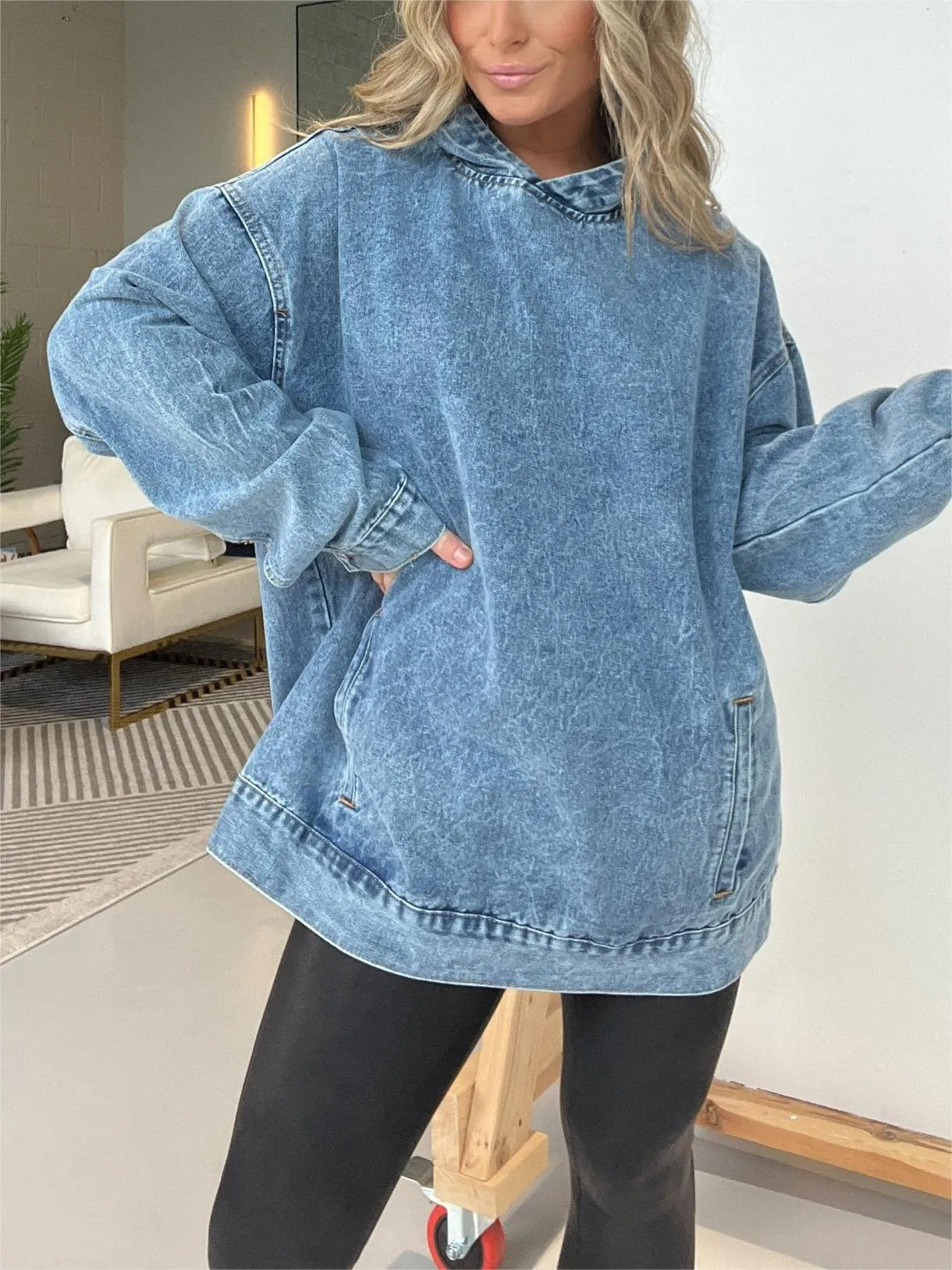 Female Loose Hooded Pullover Denim Hoodie