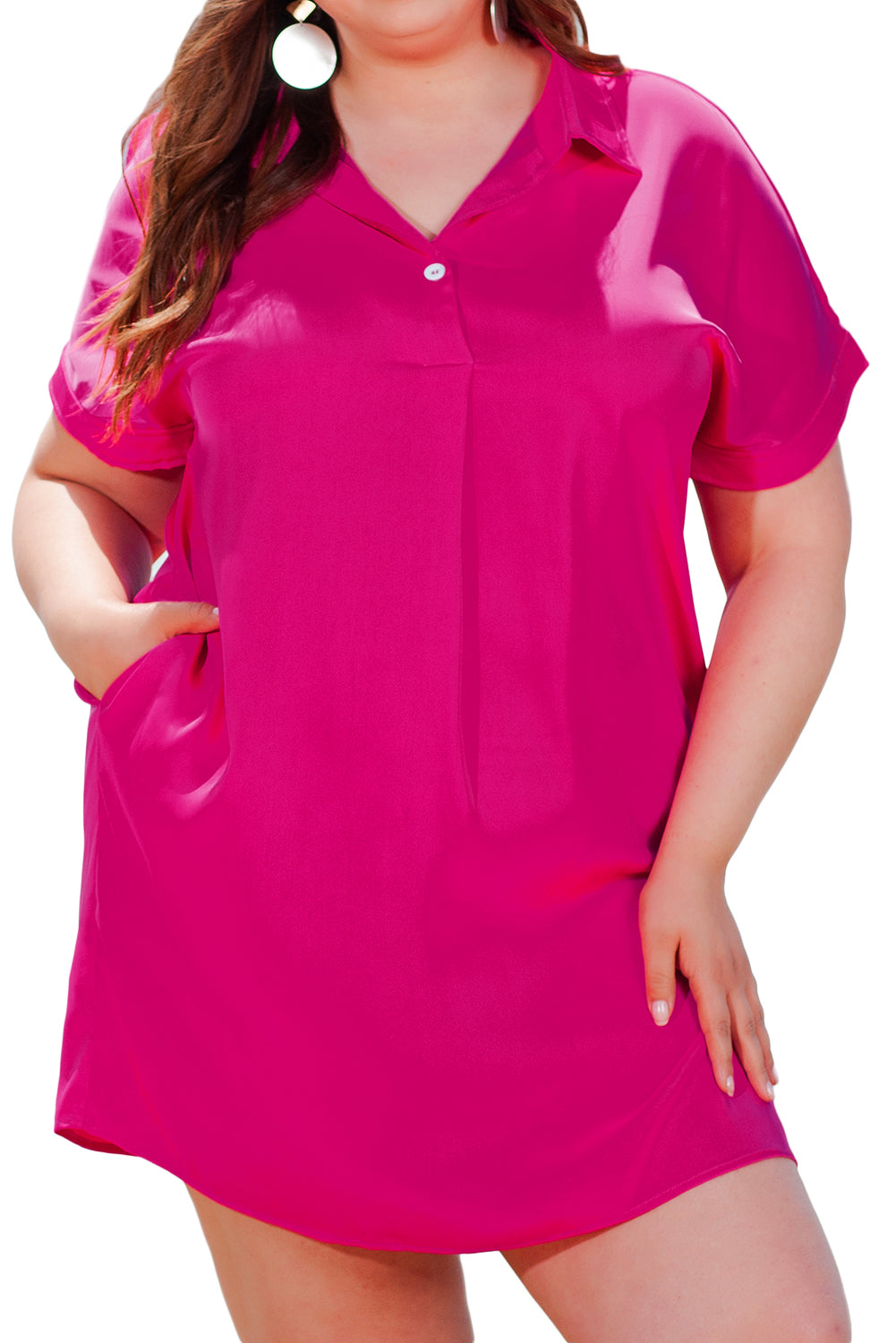 Bright Pink Collared V Neck Short Sleeve Shift Plus Size Dress