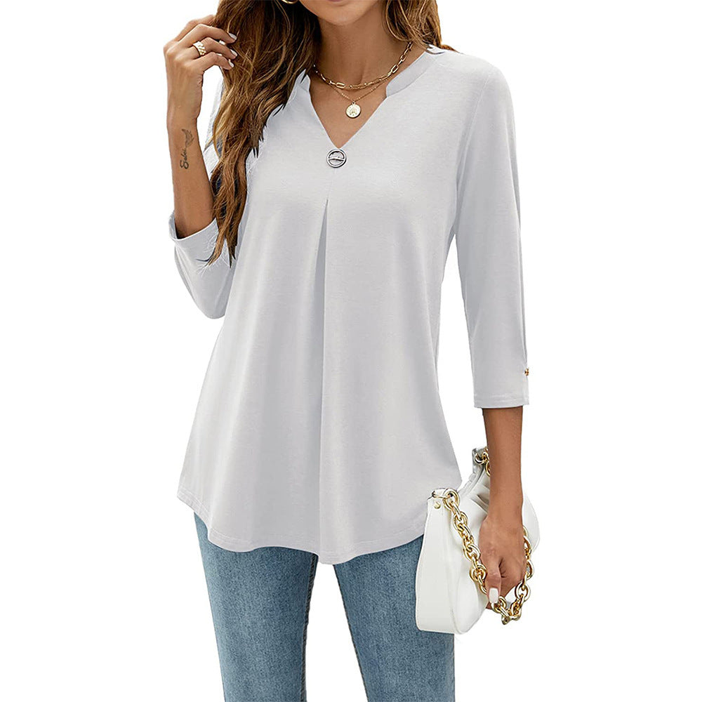 Women's V-neck Clinch Pleated T-shirt Top