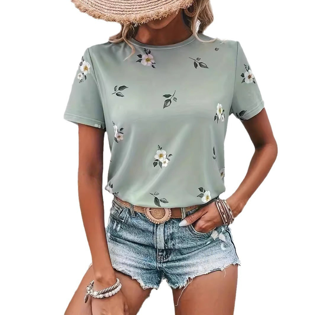 Cross-border European And American Women's Floral Print Short Sleeve Round Neck T-shirt