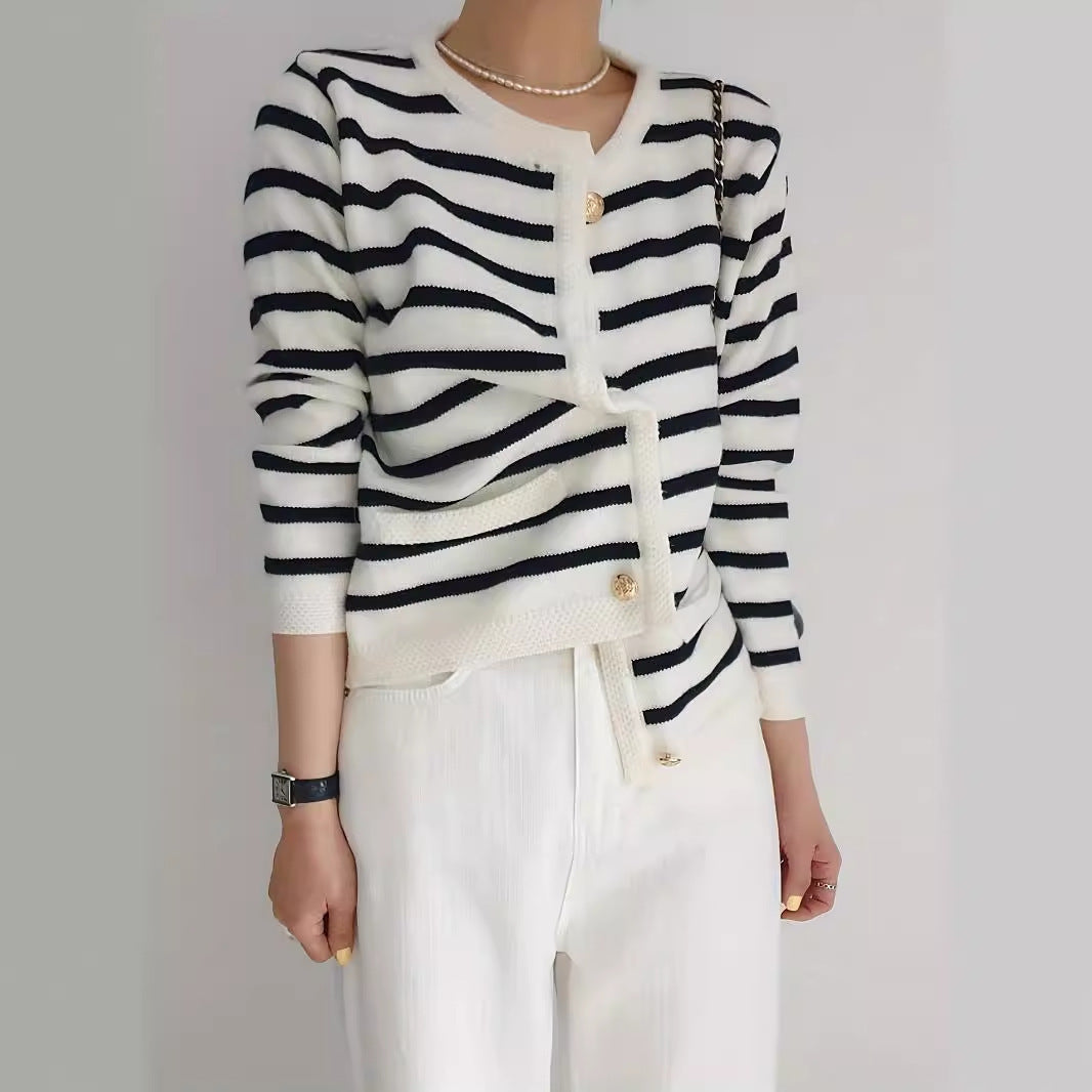 Black And White Striped Knitted Cardigan Jacket