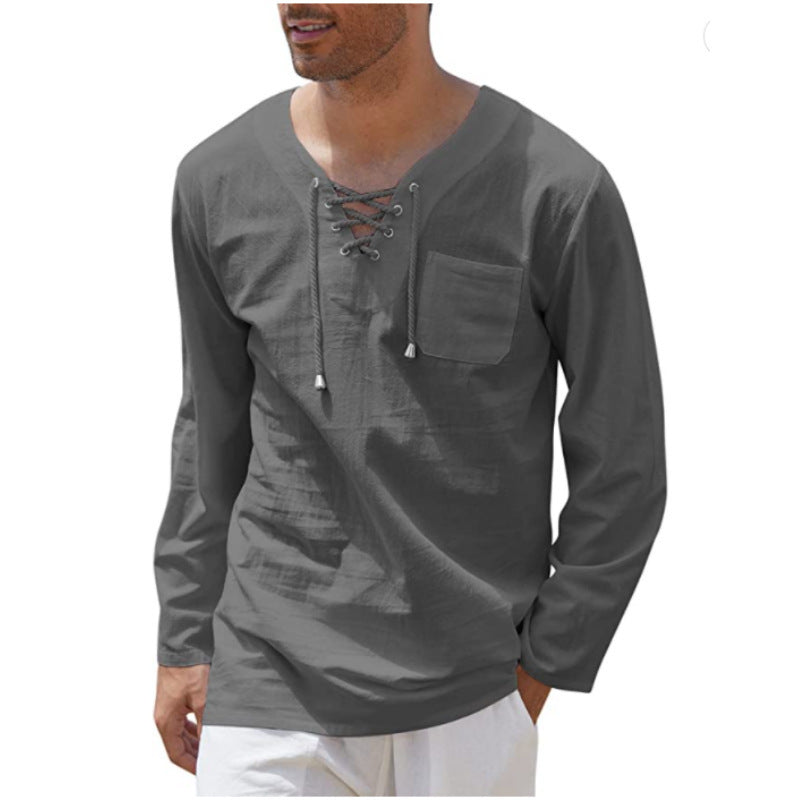 Men's Fashion Casual Lace Up Long Sleeve Shirt