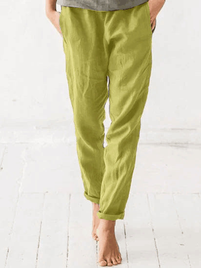 Women's Elastic Waist Solid Color Cotton And Linen Casual Trousers