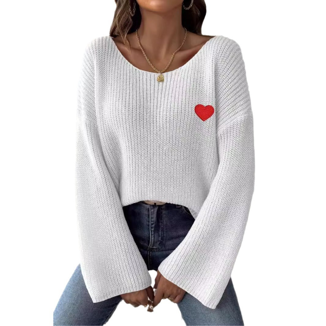 Women's Pullover Off-neck Flared Sleeve Love Embroidered Sweater