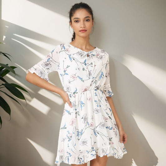 Sweet Floral Chiffon Dress Bell Sleeve Slim Fit All-matching A- Line Skirt