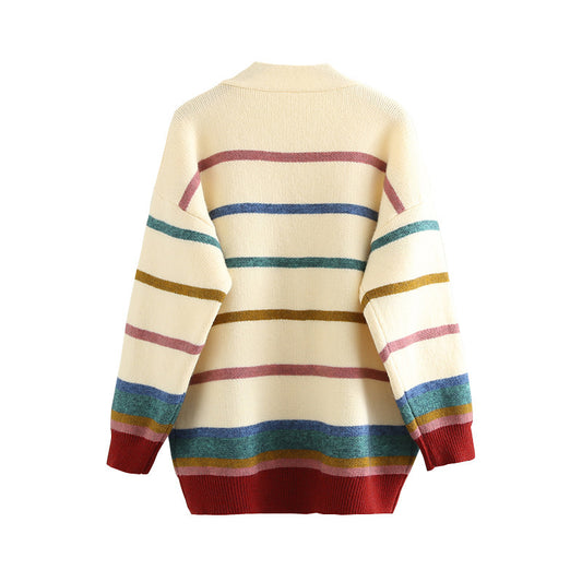 New Rainbow Striped Sweater Cardigan Women