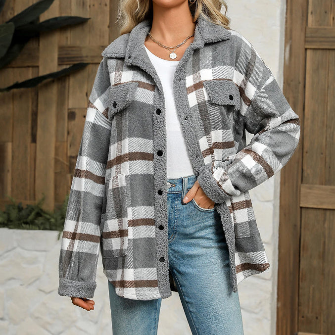 Women's Contrast Color Plaid Jacket Casual Polo Collar Velvet Jacket